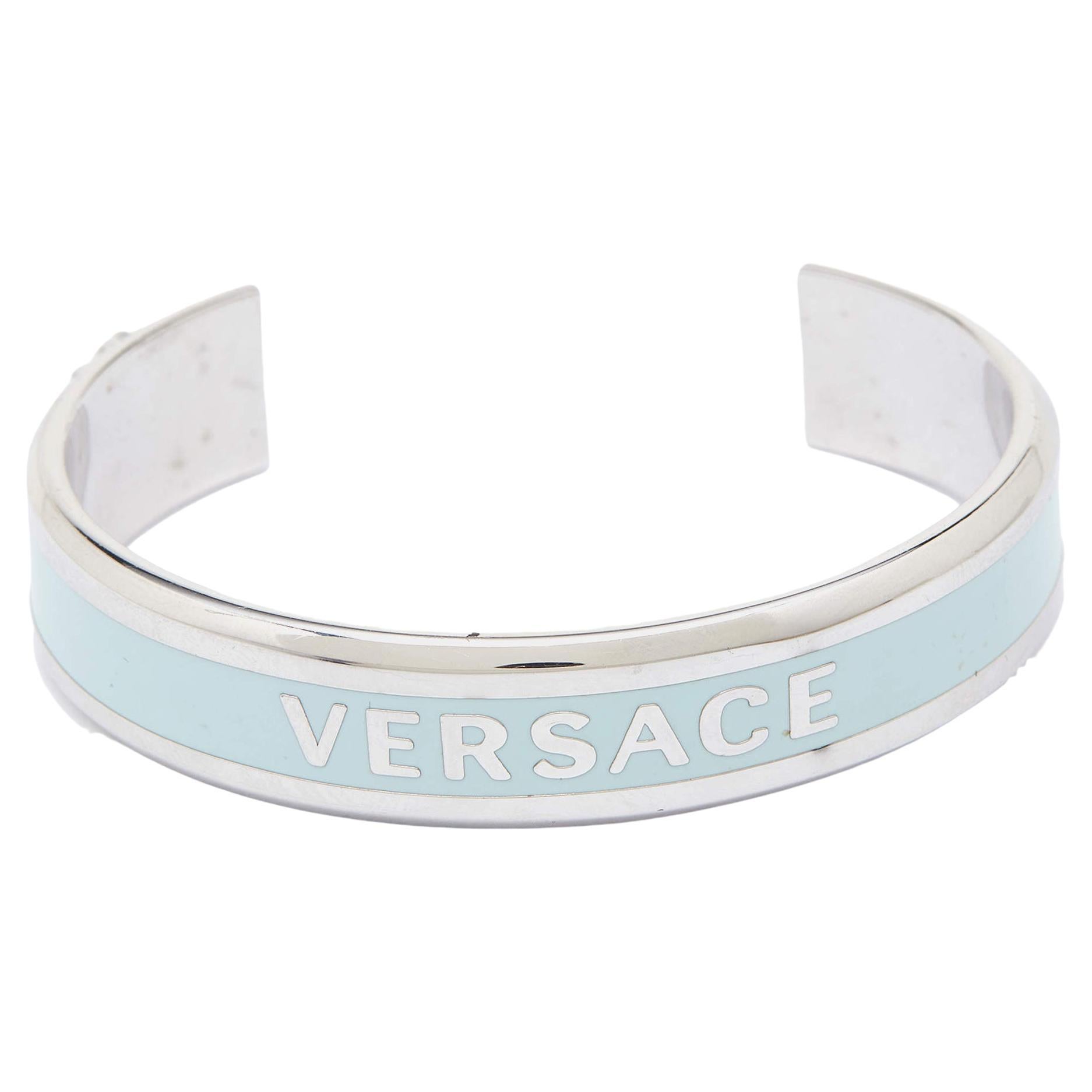 Versace Silver Tone Logo Enamel Medusa Open Cuff Bracelet