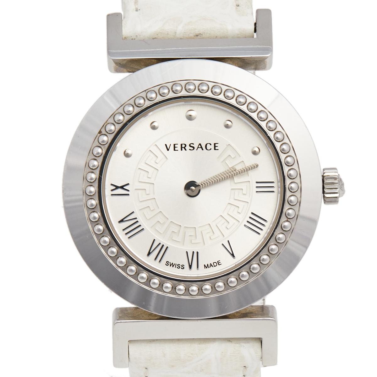 Versace offers designs portraying grand style with everything eye-catching and this Vanity P5Q from the label demonstrates just that. The watch is made of stainless steel and held by leather straps. It is graced with a stylish studded bezel and