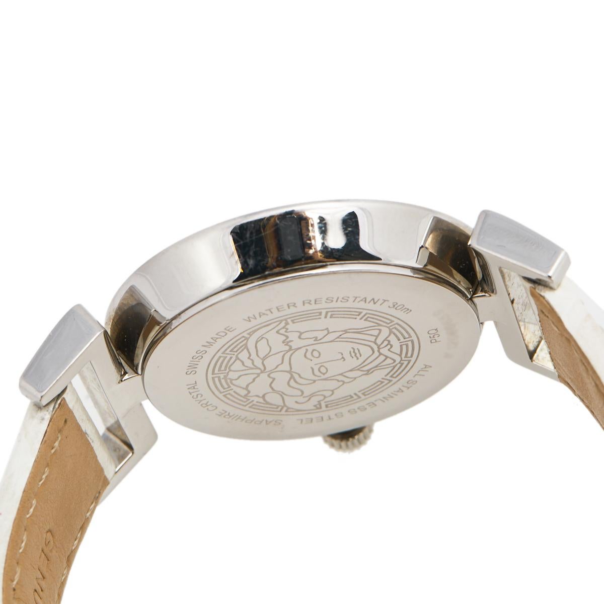 Contemporary Versace Silver White Stainless Steel Leather Vanity P5Q Women's Wristwatch 35 mm