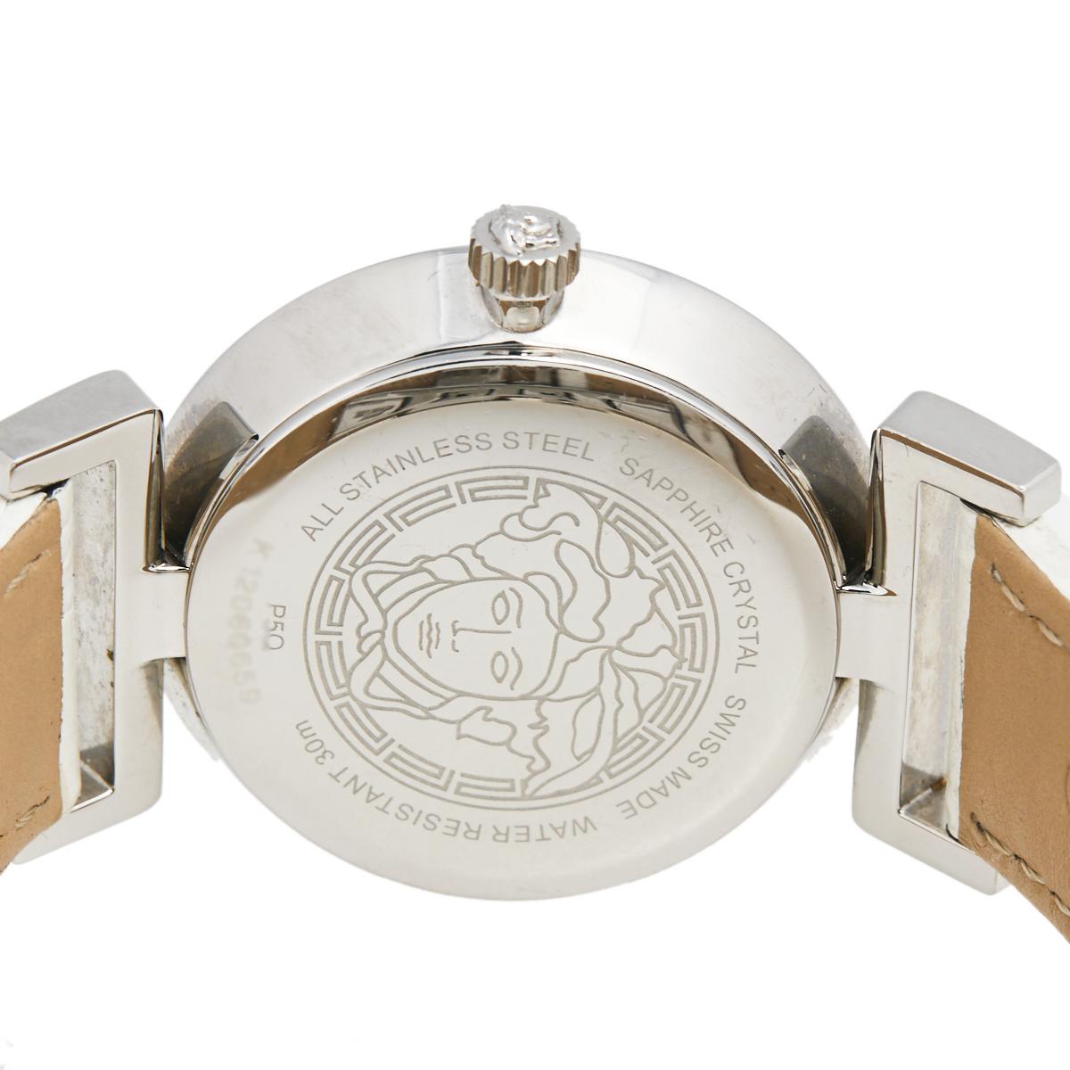 Versace Silver White Stainless Steel Leather Vanity P5Q Women's Wristwatch 35 mm In Good Condition In Dubai, Al Qouz 2