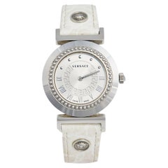 Versace Silver White Stainless Steel Leather Vanity P5Q Women's Wristwatch 35 mm