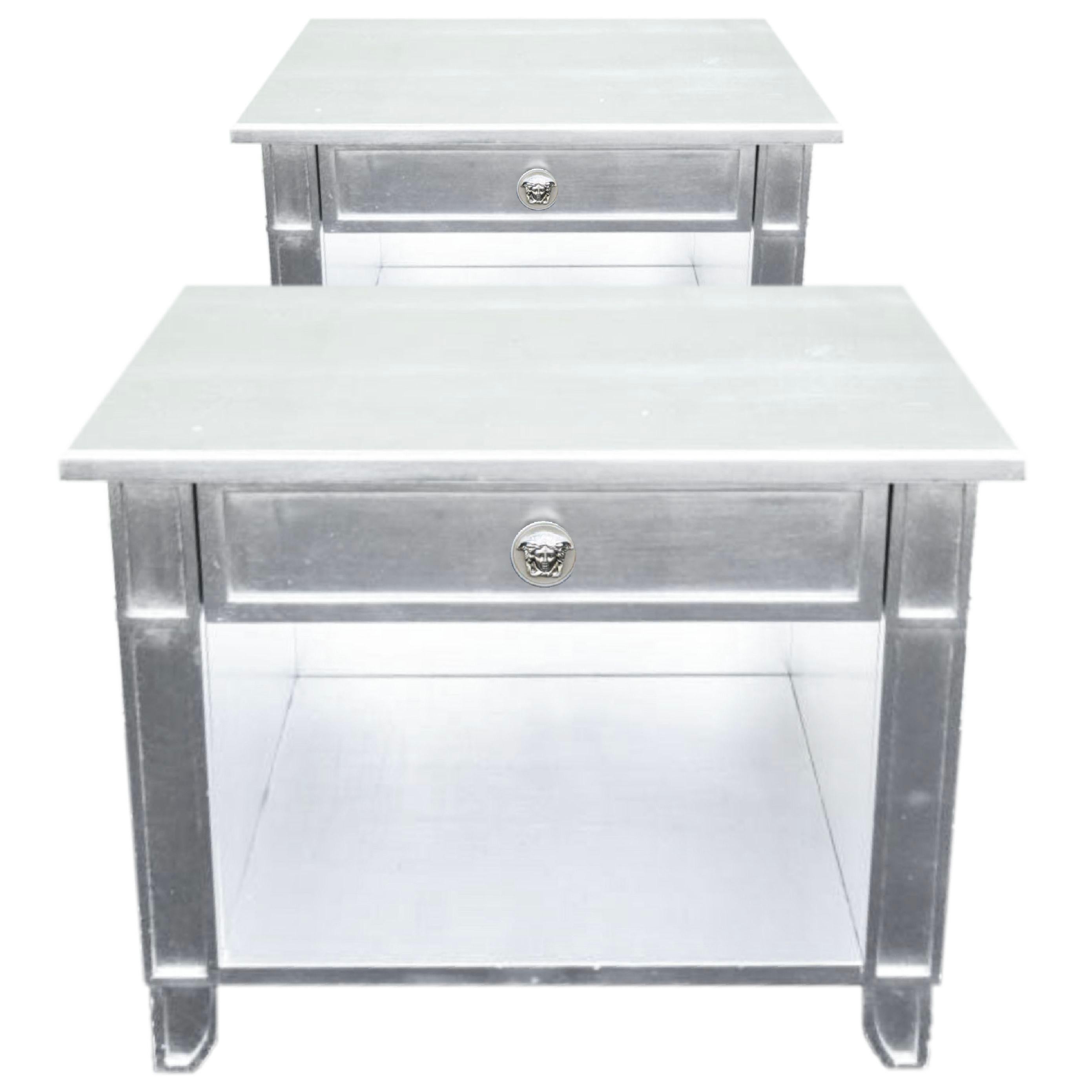 Italian Versace Silvered End Table Pair with Drawer, Medusa Handle, Gianni Versace, 1995