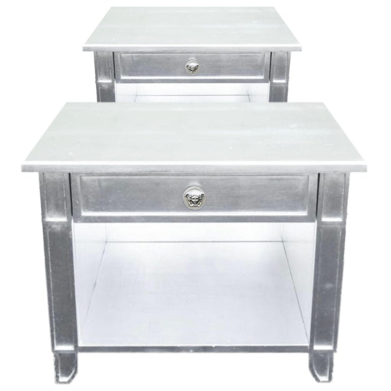 Versace Silvered End Table Pair with Drawer, Medusa Handle, Gianni Versace, 1995 In Fair Condition For Sale In Brooklyn, NY