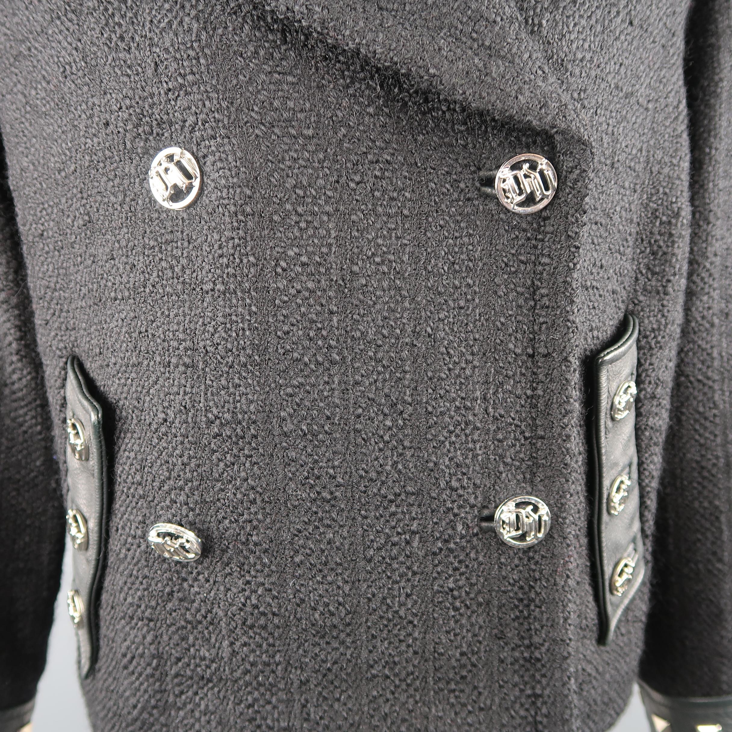 VERSACE Size 10 Black Tweed Studded Leather Cuffs Cropped Peacoat (Schwarz)