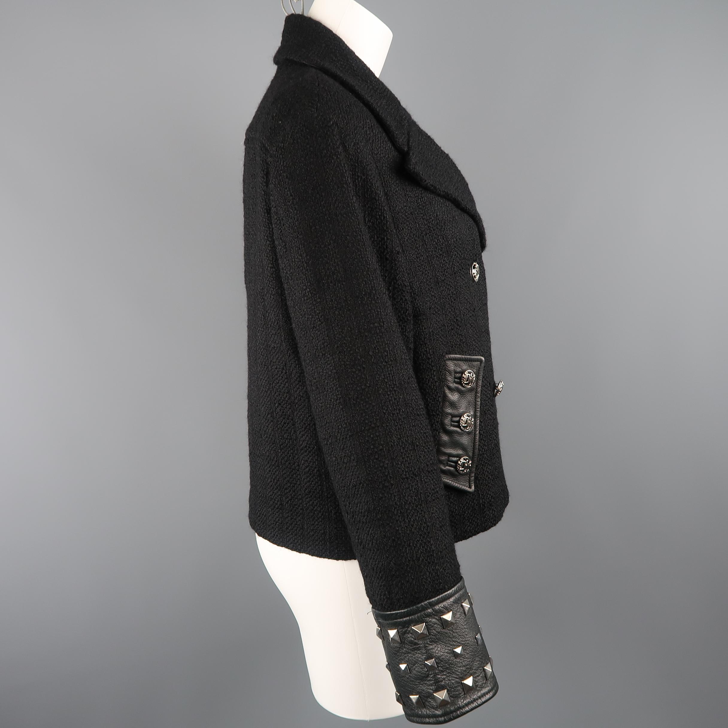 VERSACE Size 10 Black Tweed Studded Leather Cuffs Cropped Peacoat 2