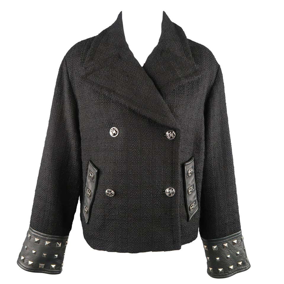 VERSACE Size 10 Black Tweed Studded Leather Cuffs Cropped Peacoat For ...