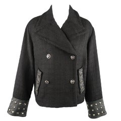 VERSACE Size 10 Black Tweed Studded Leather Cuffs Cropped Peacoat