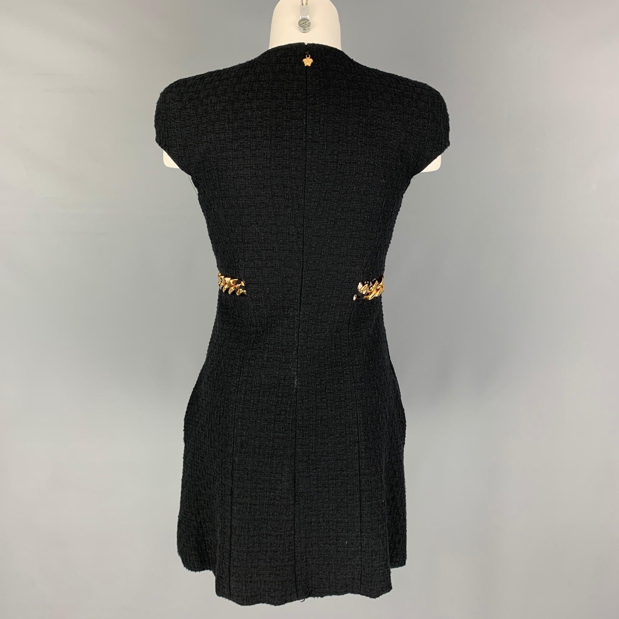 Women's VERSACE Size 2 Black Cotton Textured Cap Sleeves Dress For Sale