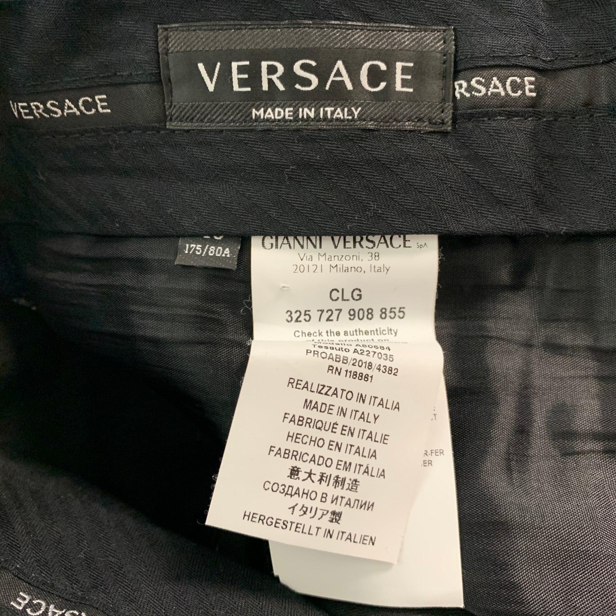VERSACE Size 32 Navy Blue & White Plaid Wool Zip Fly Dress Pants In Excellent Condition For Sale In San Francisco, CA