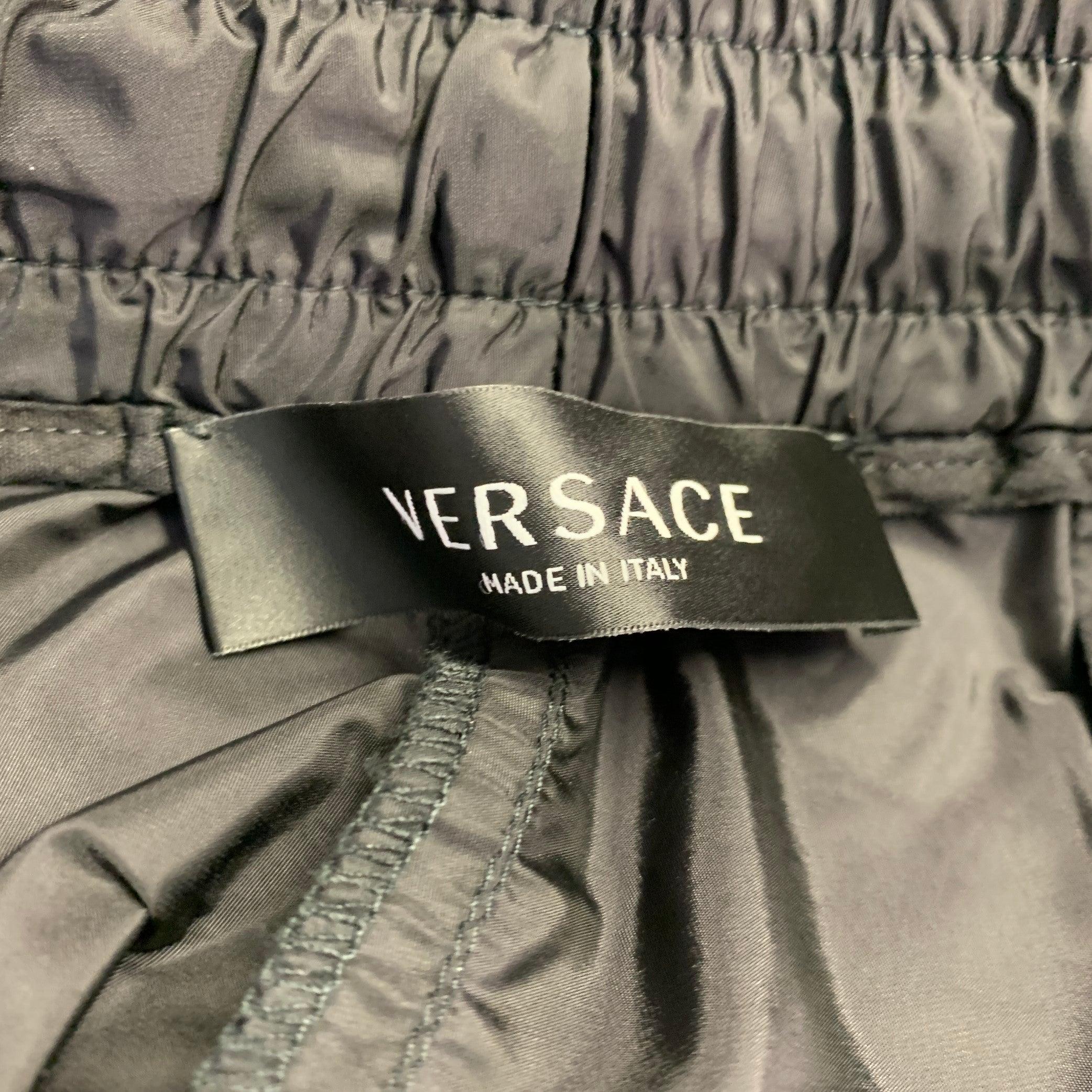 Men's VERSACE Size 36 Black Blue Gold Vertical Stripe Nylon Sweatpants Casual Pants For Sale