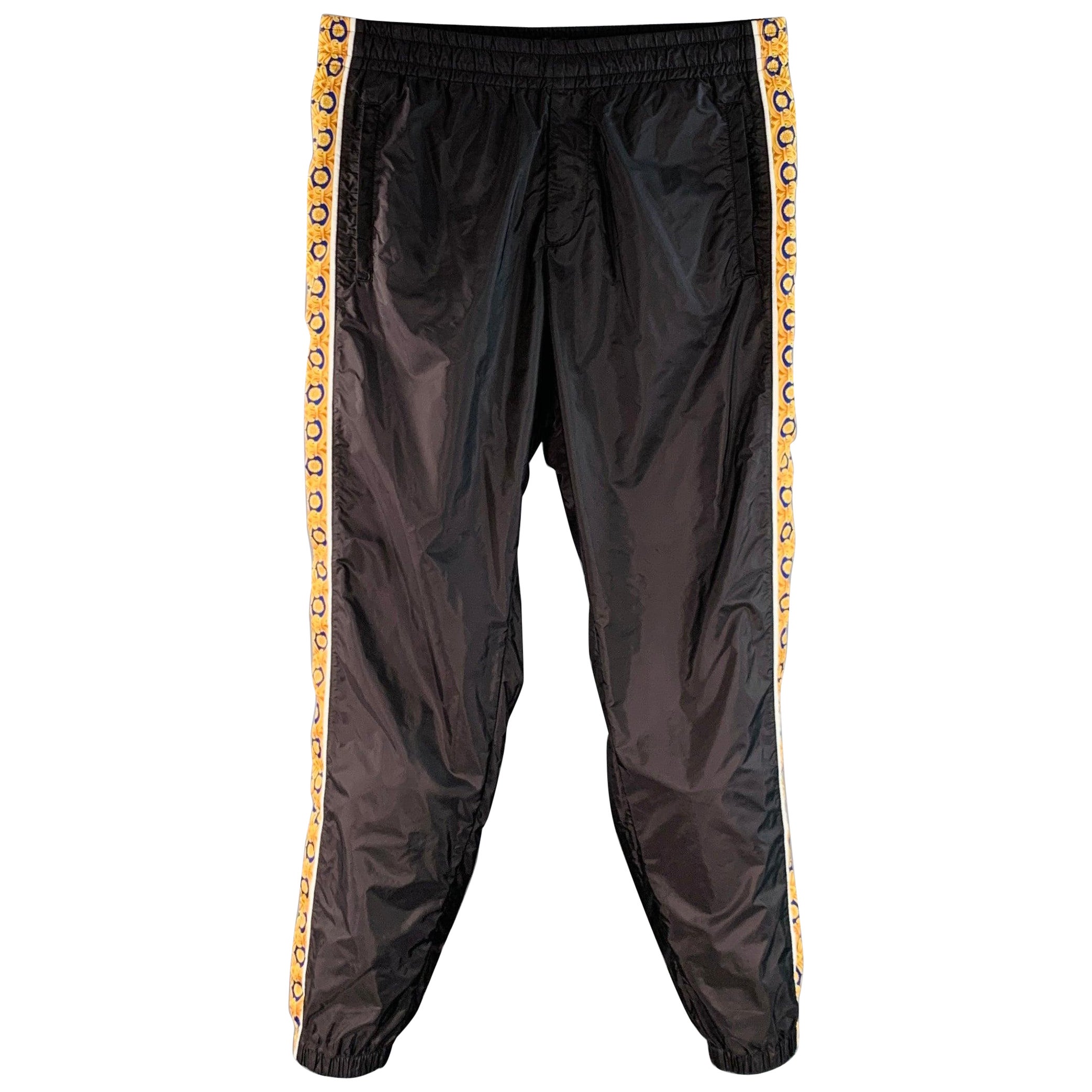 VERSACE Size 36 Black Blue Gold Vertical Stripe Nylon Sweatpants Casual Pants For Sale