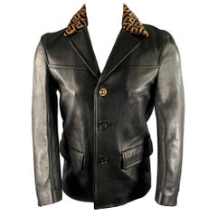 VERSACE Size 36 Black Camel Lambskin Leather Furr Collar Notch Lapel Jacket