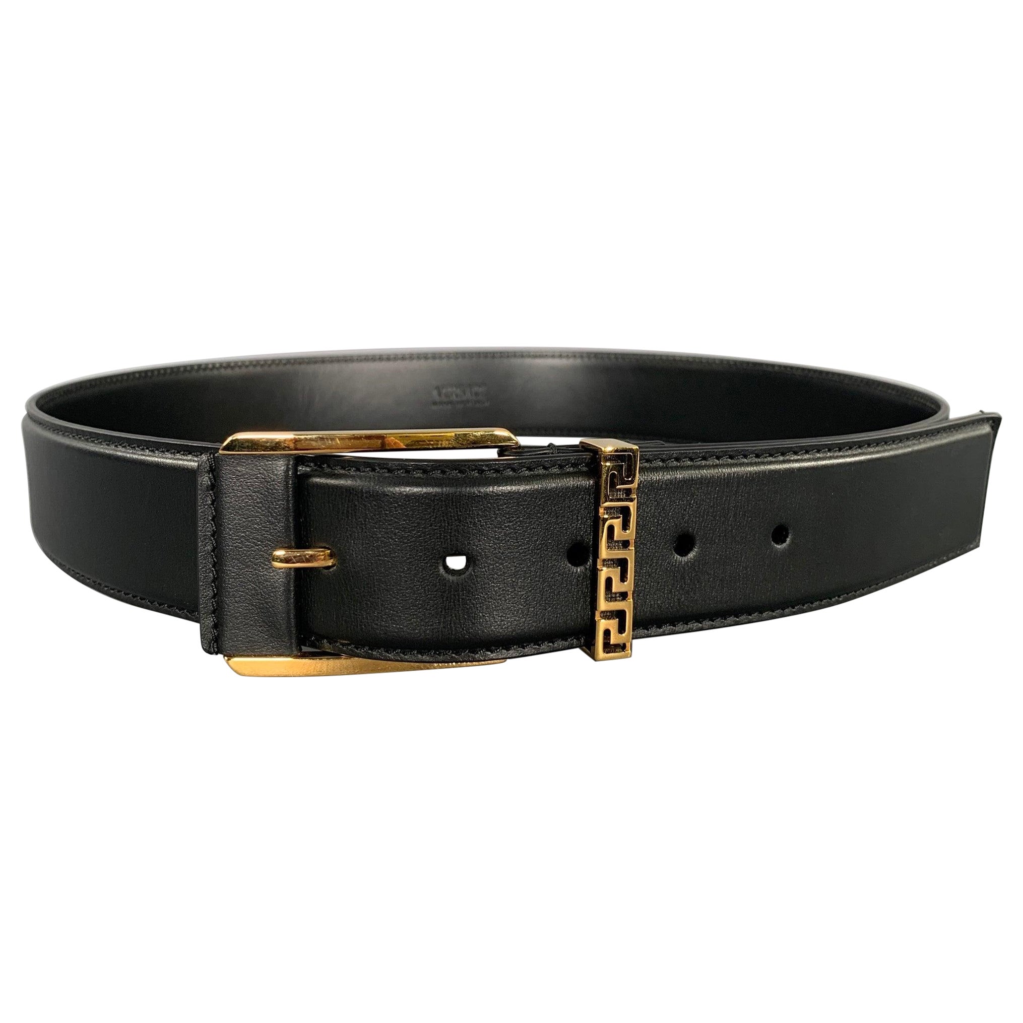 Pre-owned Versace Size 36 Black Gold Greca Goddess Leather Belt