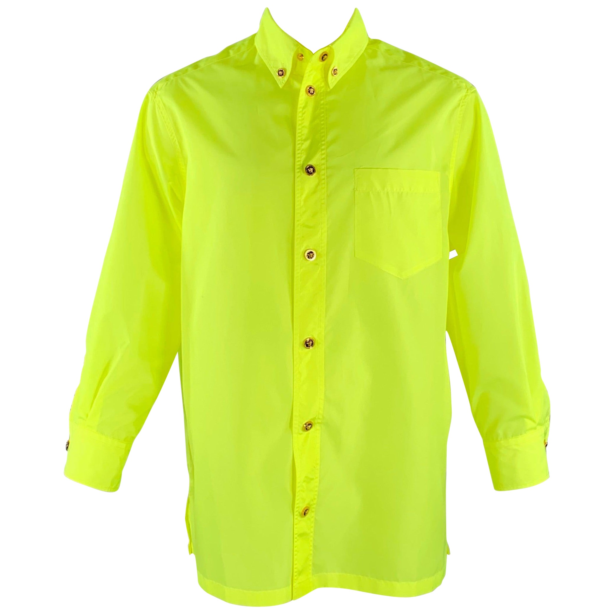 VERSACE Size 36 Neon Yellow Polyester One Pocket Oversized Long Sleeve Shirt