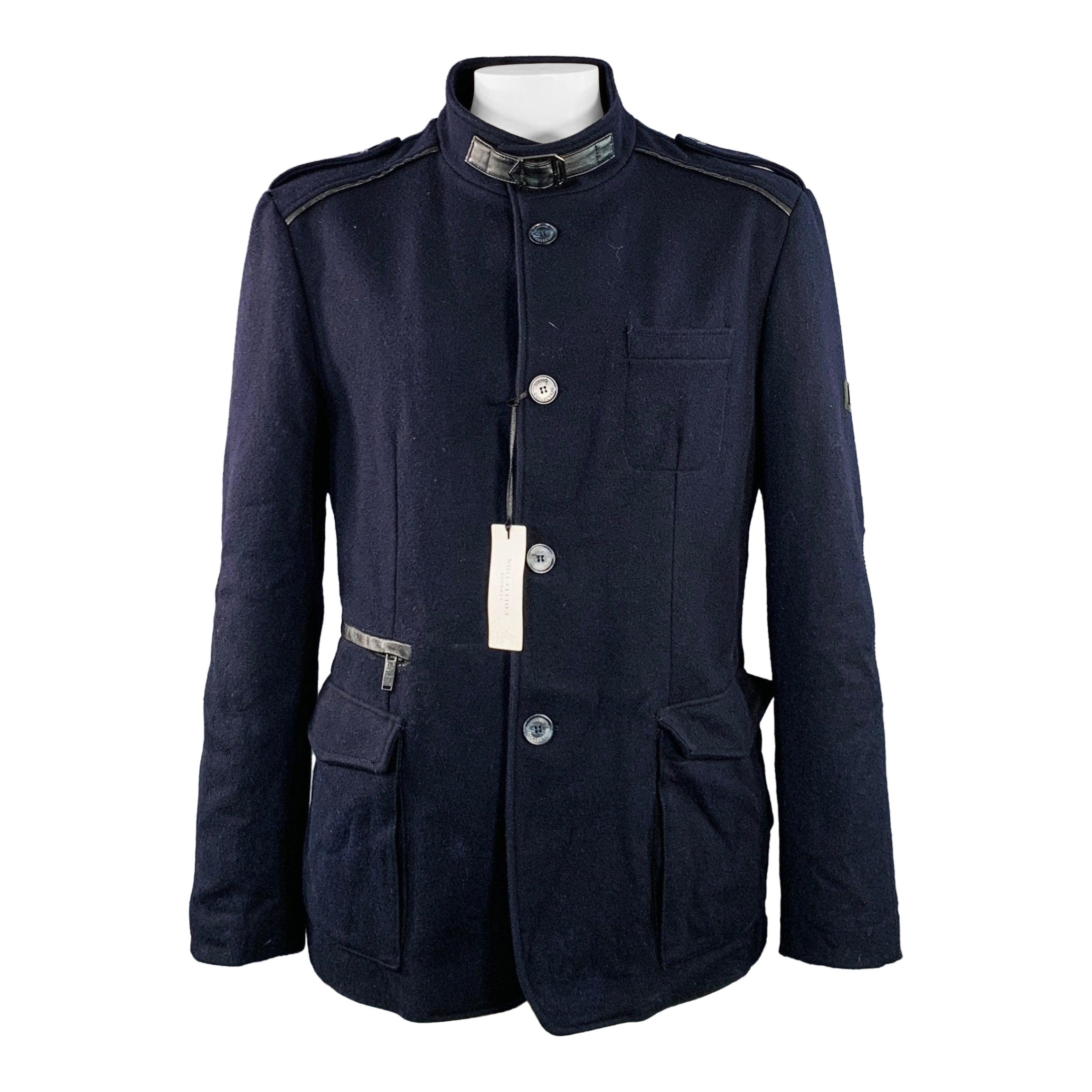 VERSACE Size 46 Navy Black Virgin Wool Blend Epaulets Jacket in vendita