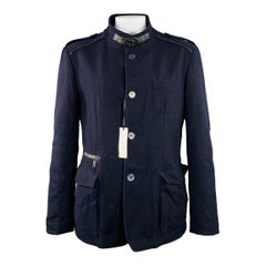 VERSACE Size 46 Navy Black Virgin Wool Blend Epaulets Jacket