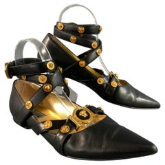 VERSACE Size 6 Black Gold Leather Medusa Pointed Toe Flats
