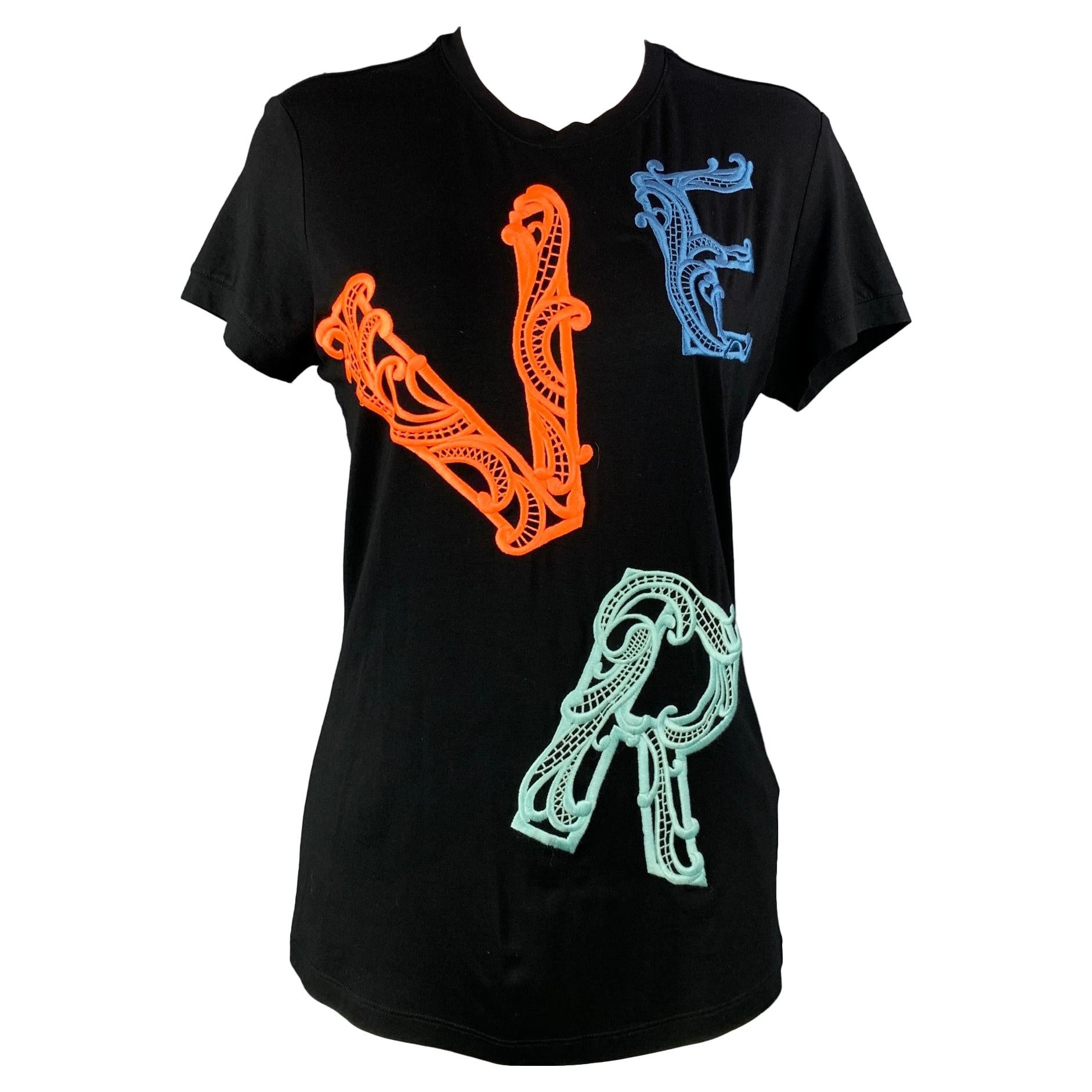 VERSACE Size 8 Black Embroidered Viscose Crew-Neck T-shirt