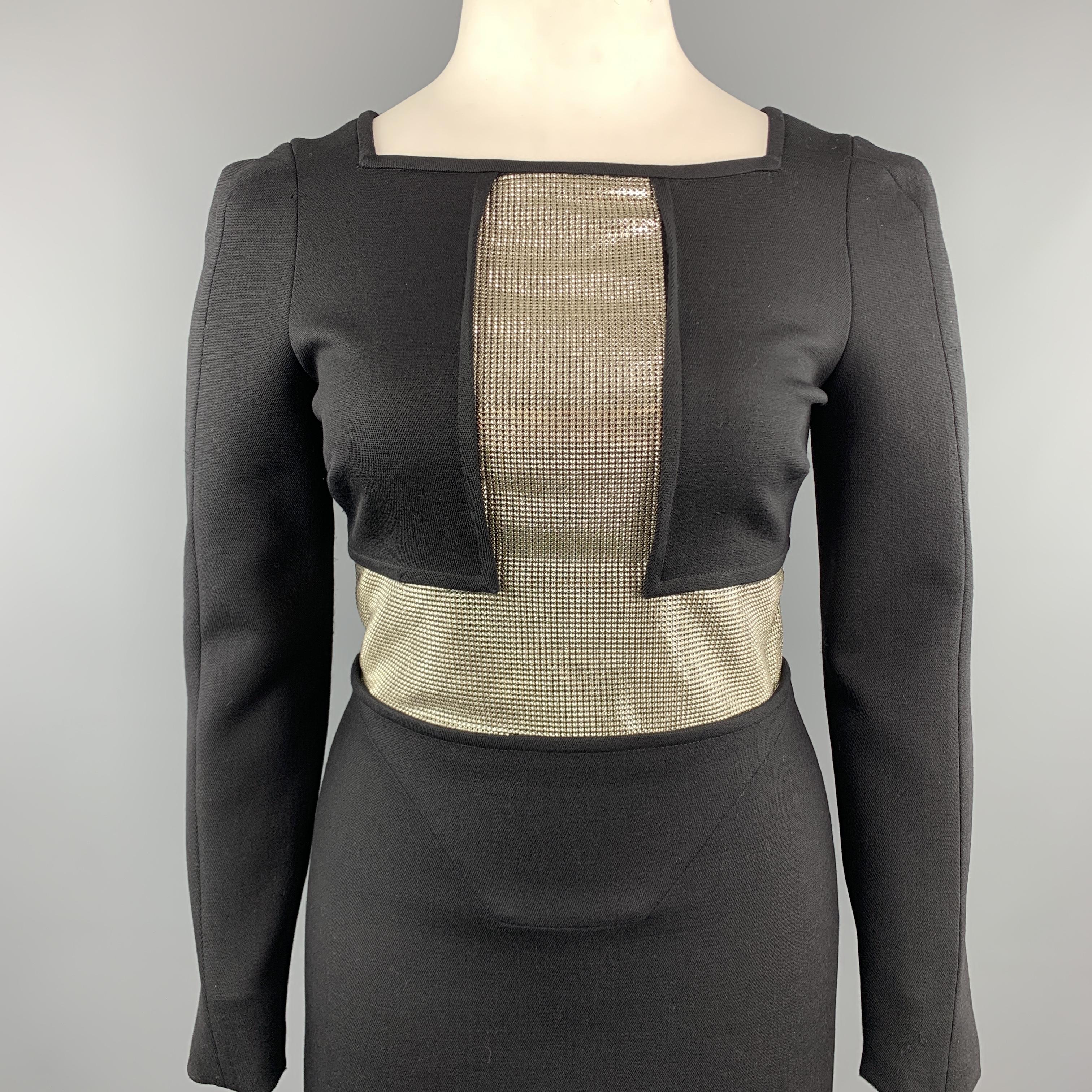 VERSACE cocktail dress comes in black woven wool blend fabric with a square boat neck, long sleeves, low back, and silver tone metal chain mail cross embellishment. Made in Italy.

Very Good Pre-Owned Condition.
Marked: IT