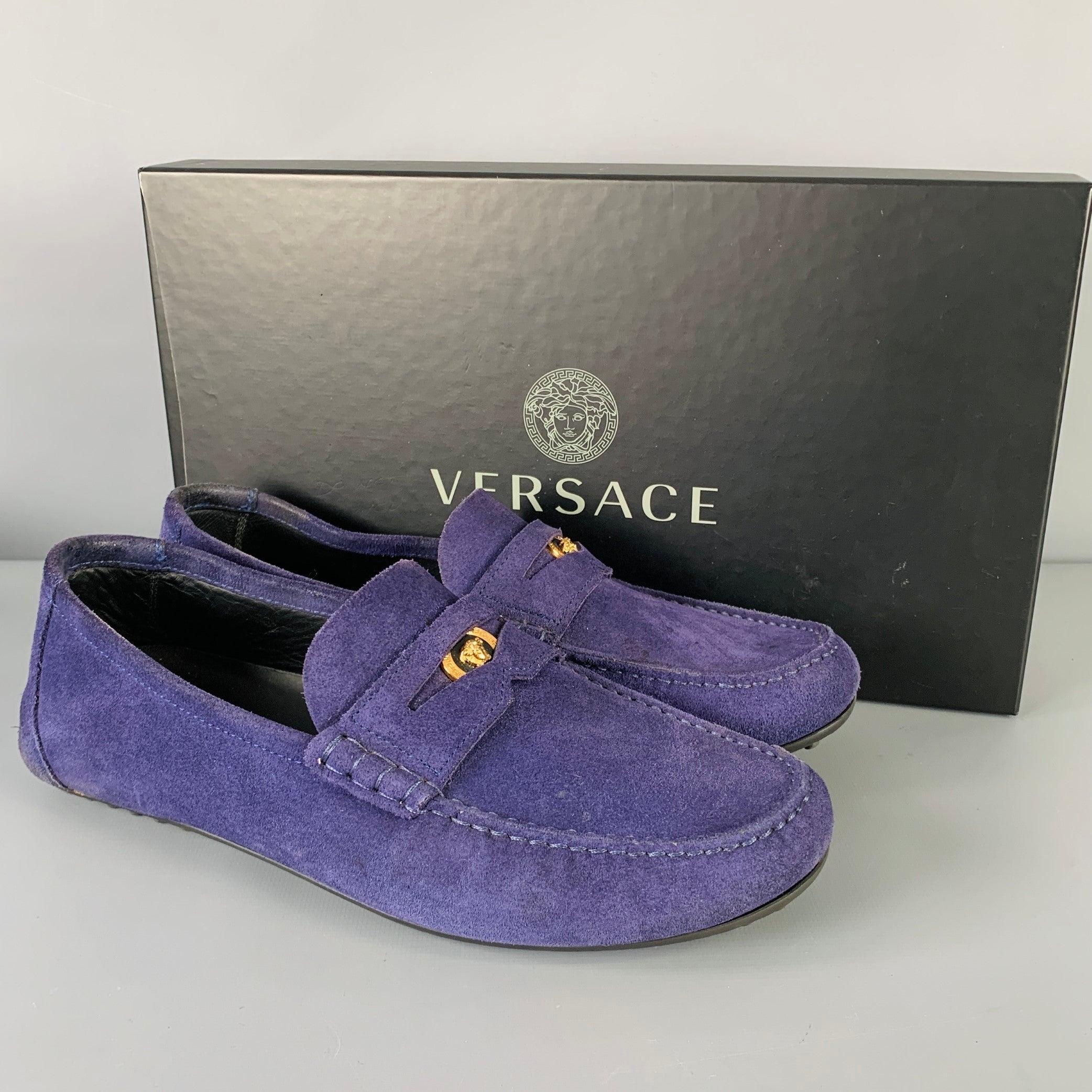 VERSACE Talla 8 -Bluette Oro- Purple Textured Suede Drivers Loafers en venta 5