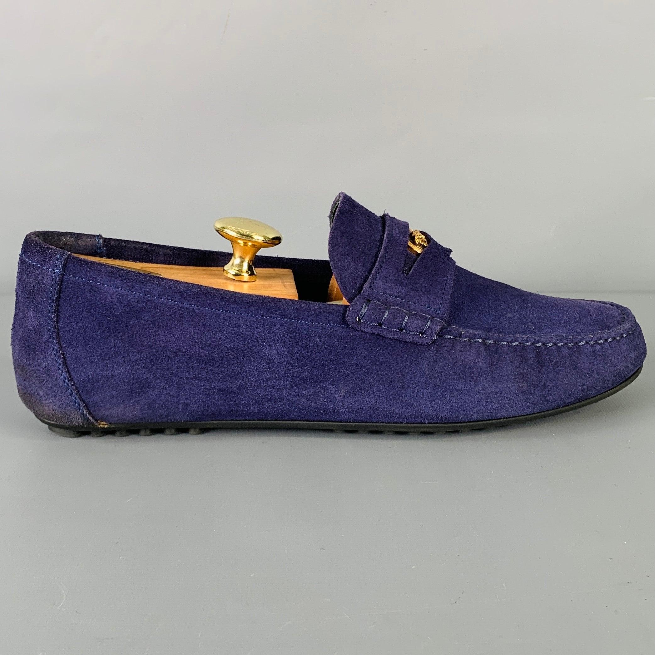 Black VERSACE Size 8 -Bluette Oro- Purple Textured Suede Drivers Loafers For Sale