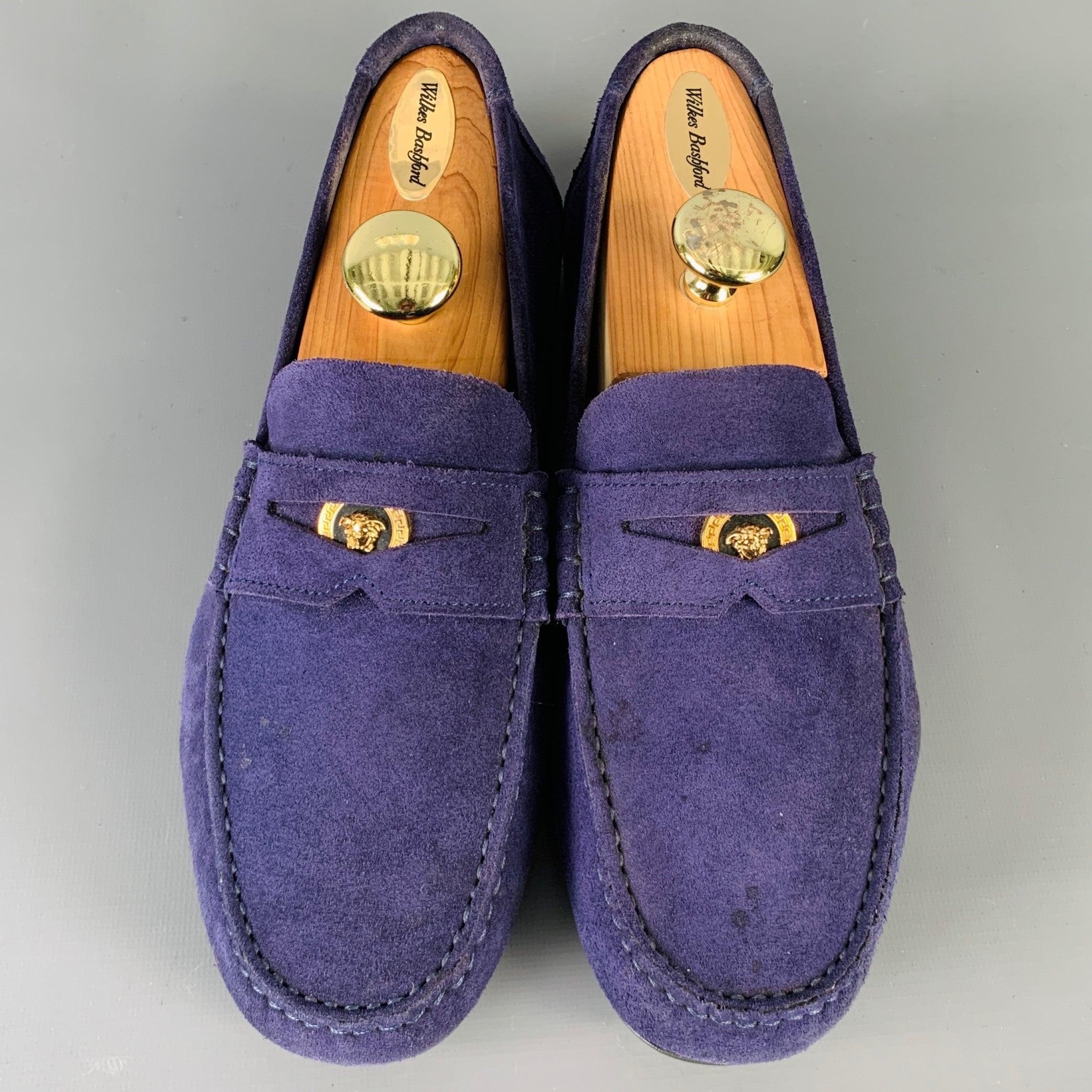 Men's VERSACE Size 8 -Bluette Oro- Purple Textured Suede Drivers Loafers For Sale