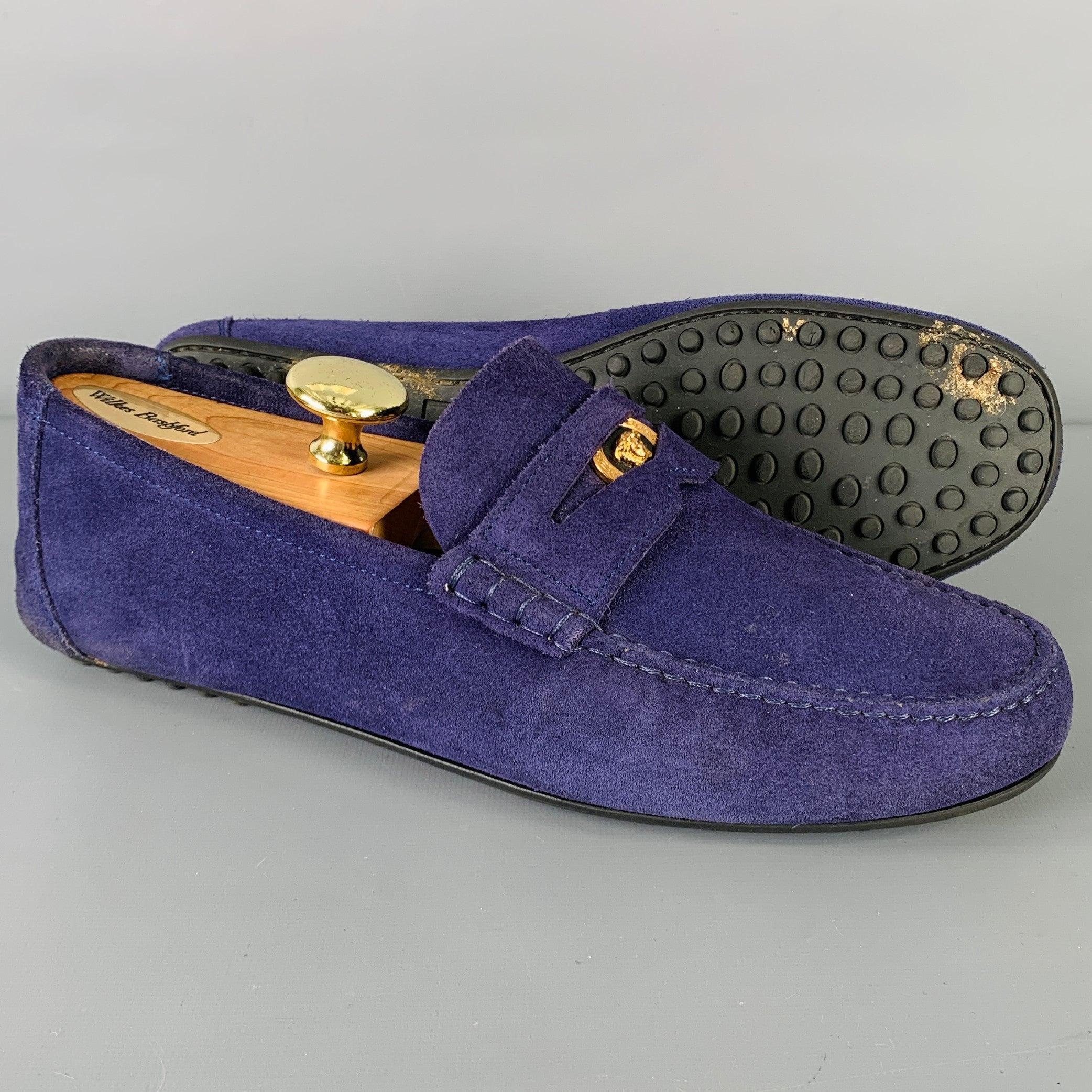VERSACE Size 8 -Bluette Oro- Purple Textured Suede Drivers Loafers For Sale 1