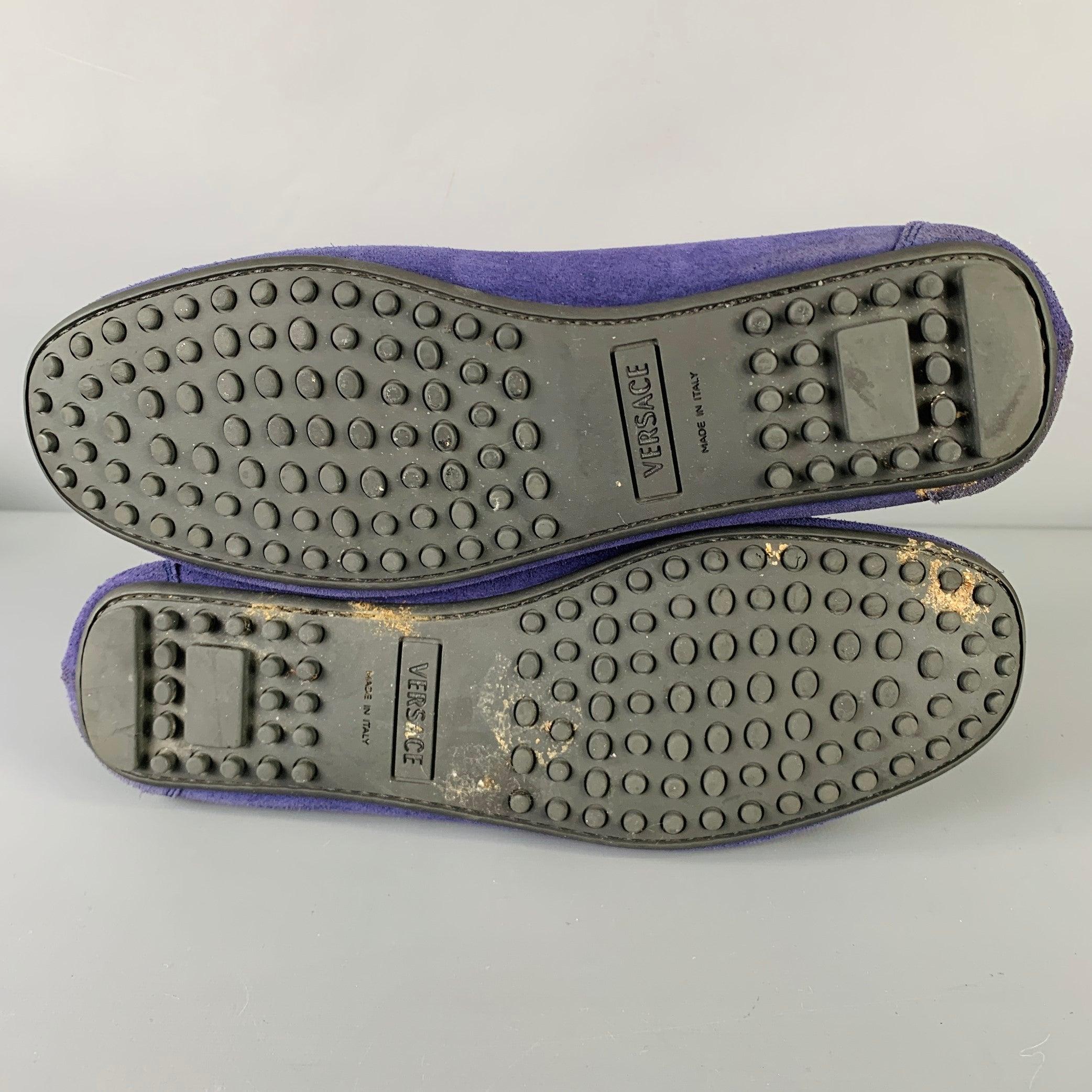 VERSACE Size 8 -Bluette Oro- Purple Textured Suede Drivers Loafers For Sale 2