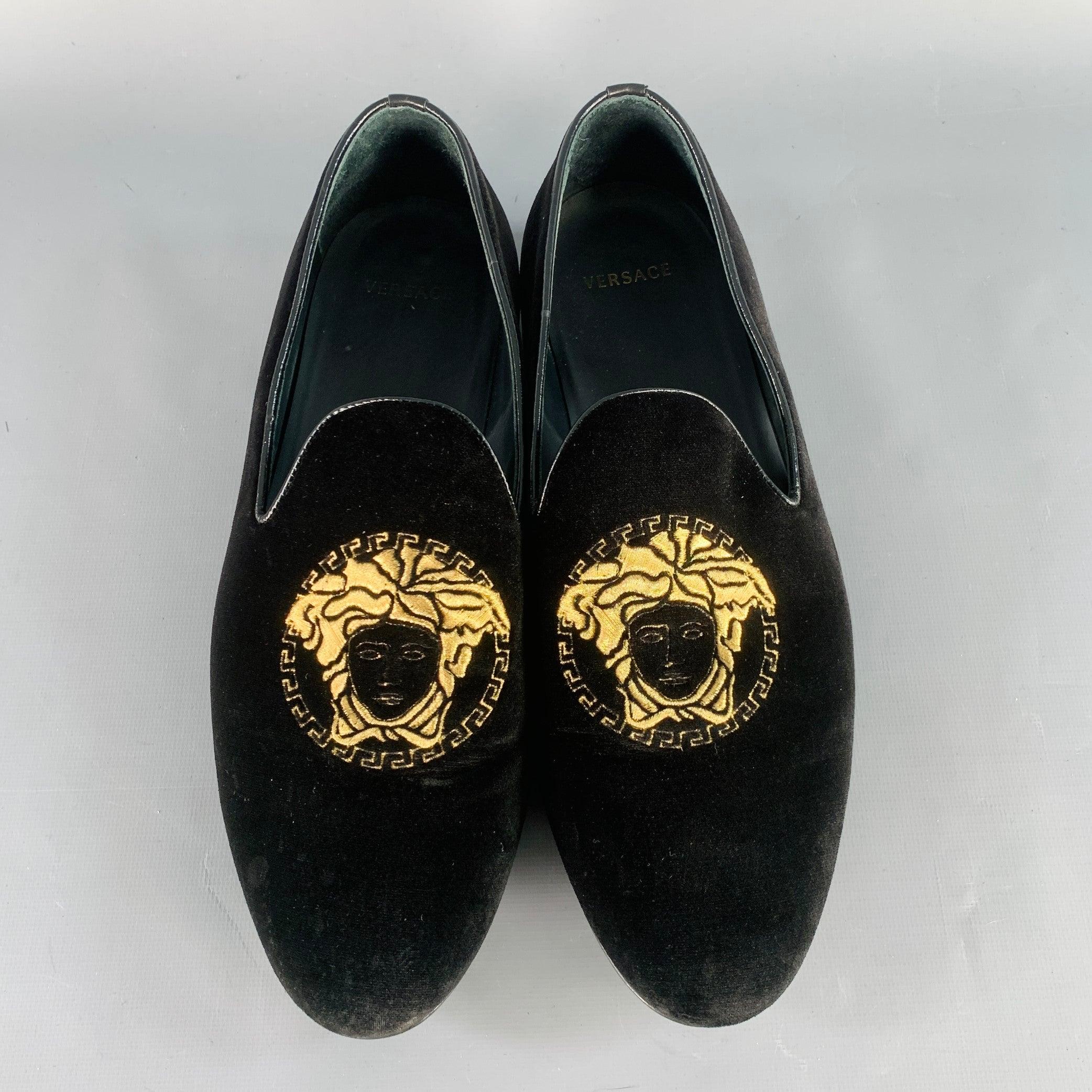 Men's VERSACE Size 9 Black Gold Embroidery Velvet Medusa Head Slip On Loafers For Sale