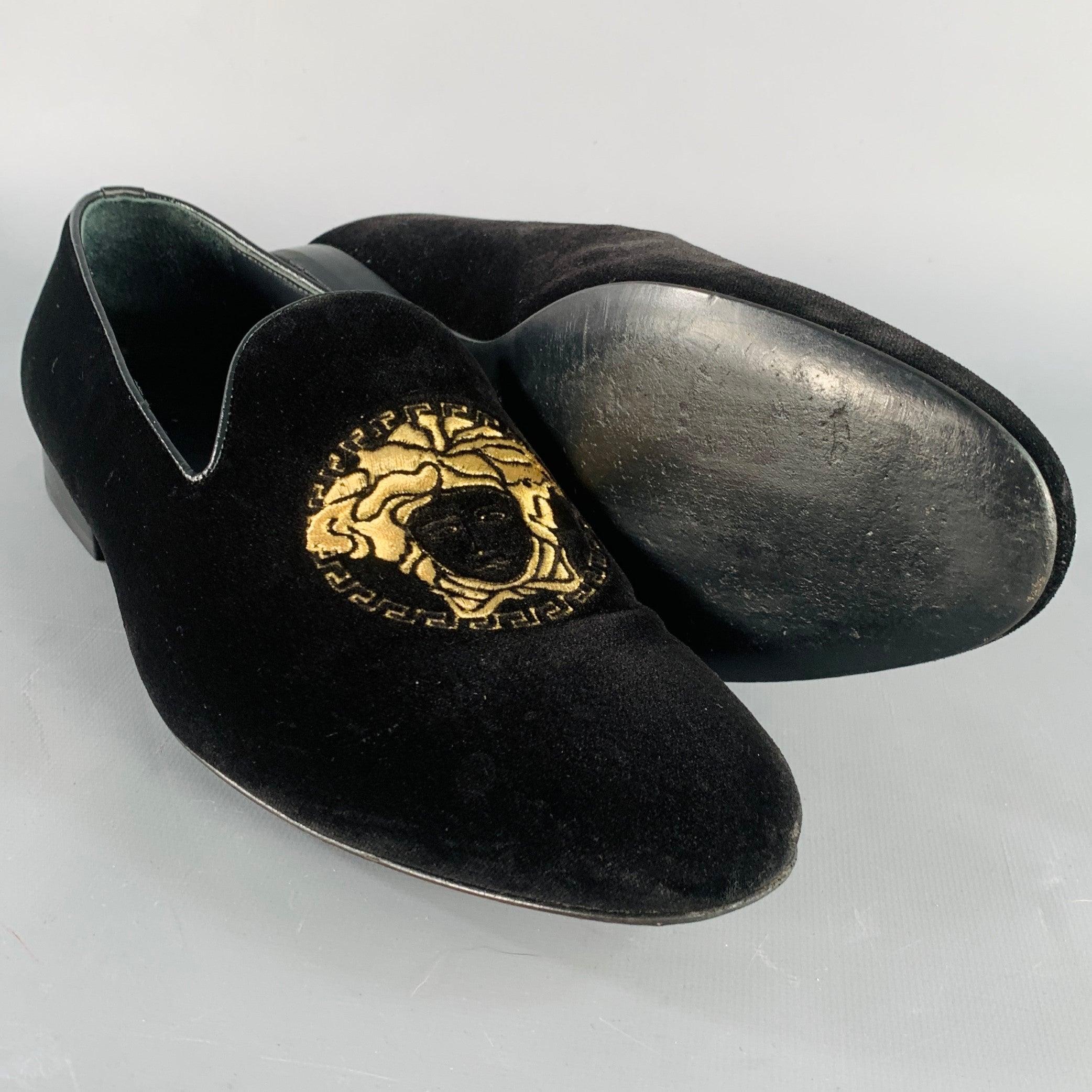 VERSACE Size 9 Black Gold Embroidery Velvet Medusa Head Slip On Loafers For Sale 1