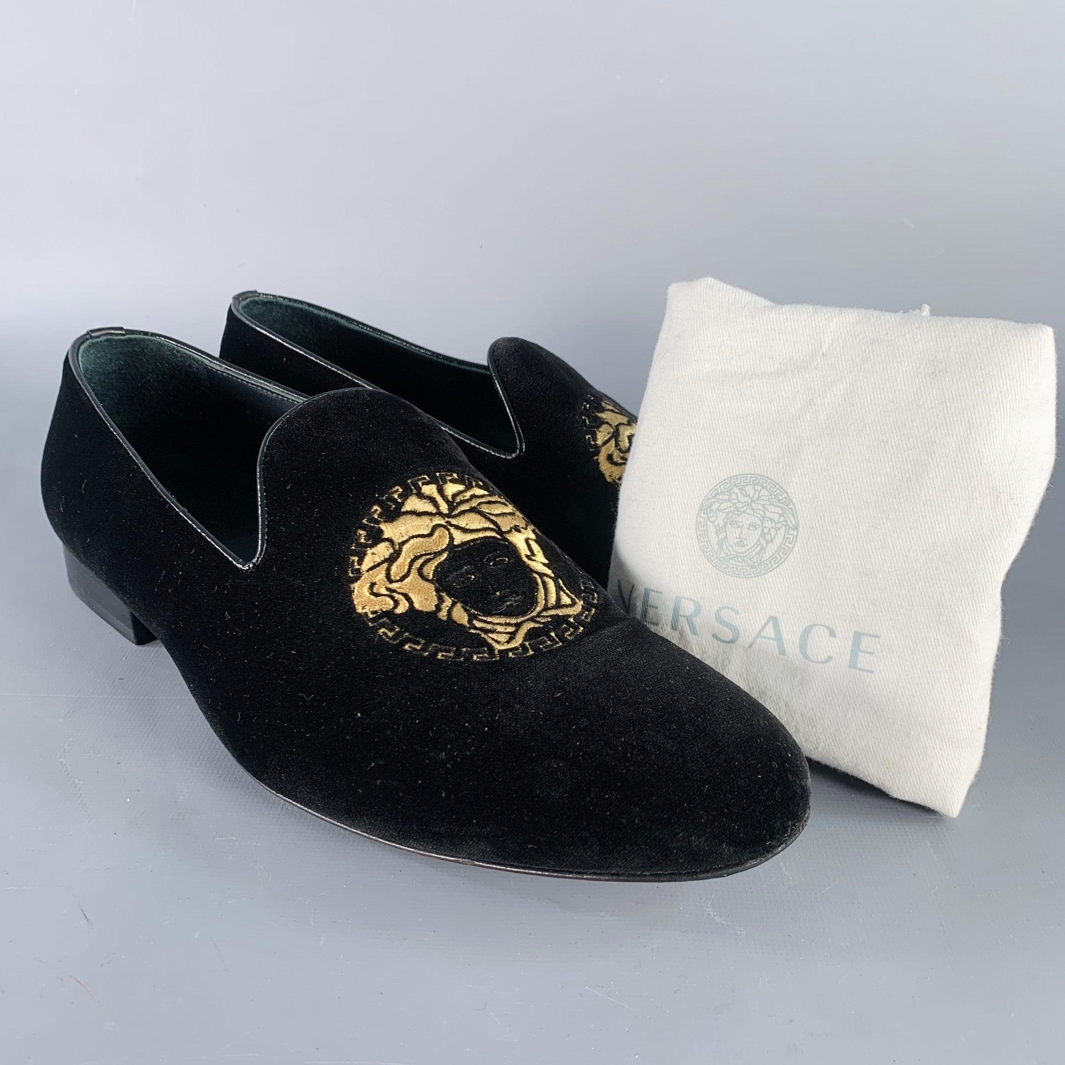 VERSACE Size 9 Black Gold Embroidery Velvet Medusa Head Slip On Loafers For Sale 5