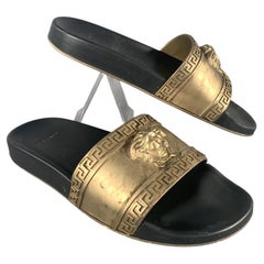 VERSACE Size 9 Gold Black Greca Rubber Slide Sandals