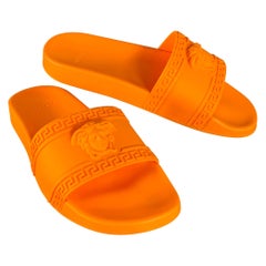 VERSACE Size 9.5 Orange Medusa Acetate Slip On Slide Sandals