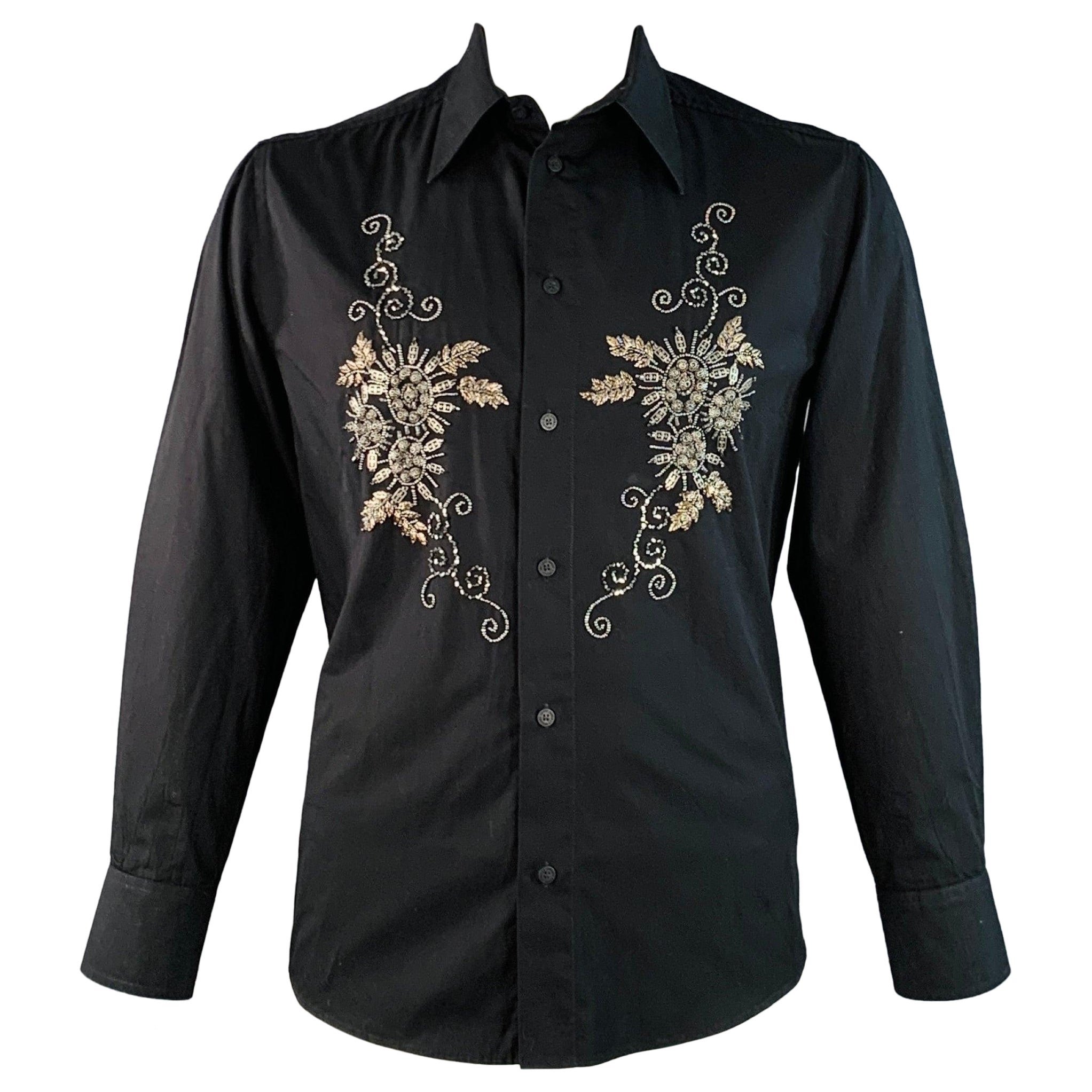 VERSACE Größe L Schwarz Gold Perlen Floral Baumwolle Button Up Langarmhemd