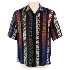 VERSACE Size L Black Print Silk Camp Short Sleeve Shirt