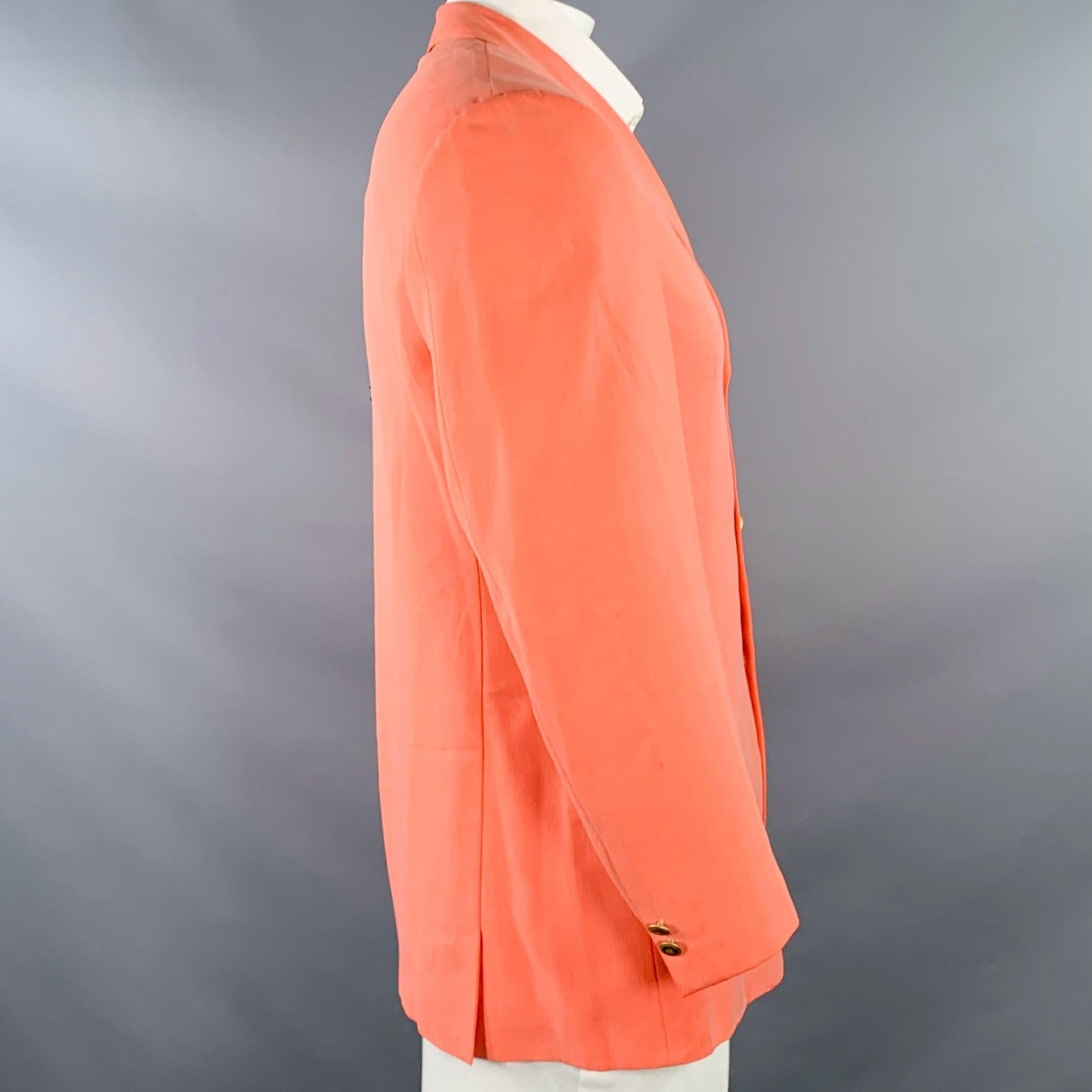Vintage V2 by VERSACE x ERMENEGILDO ZEGNA sport coat
in a salmon pink silk featuring a notch lapel, double vented back, and three button closure. Made in Spainches Very Good Pre-Owned Condition. Minor marks on sleeve. 

Marked:   IT 48, fits like L