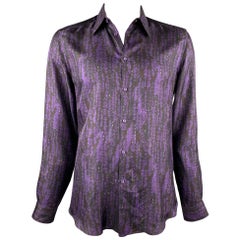 VERSACE Size L Purple & Black Print Silk Button Up Long Sleeve Shirt