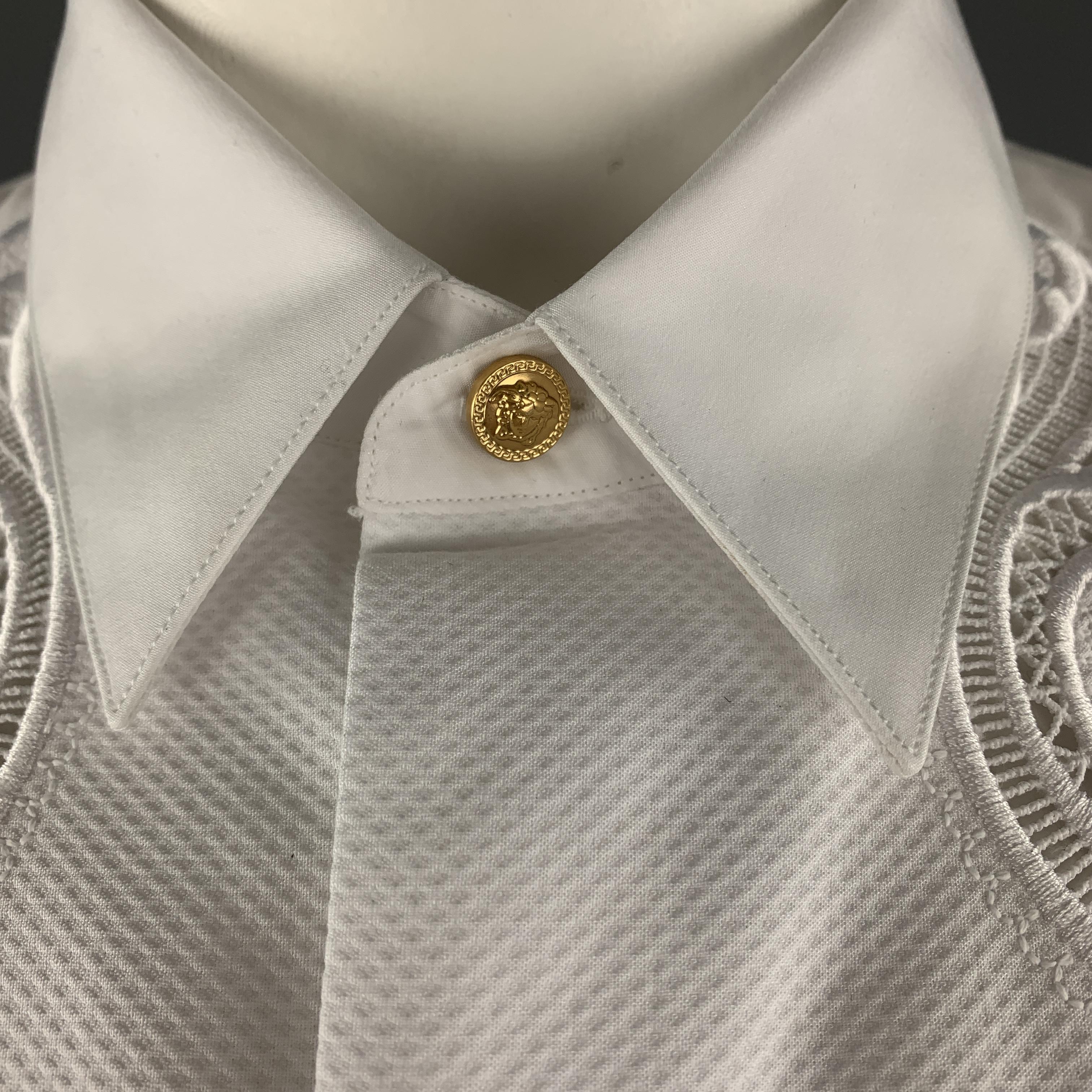 Men's VERSACE Size L White Baroque Cutout Bib Textured Cotton Dress Shirt