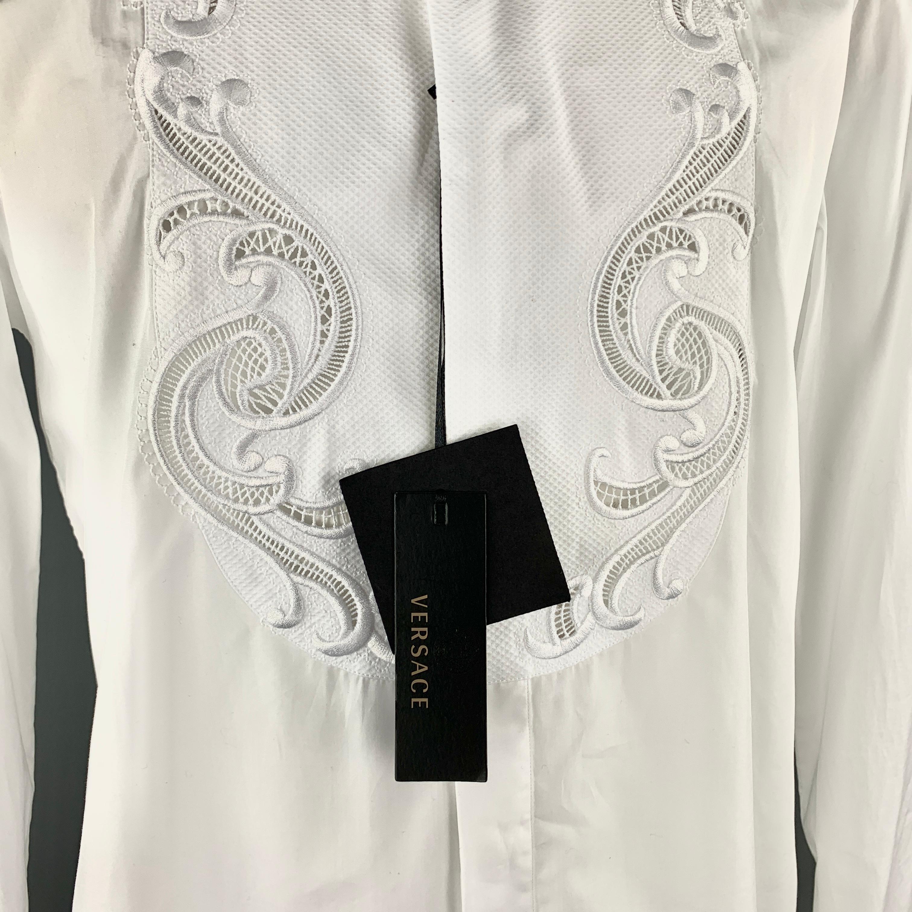 VERSACE Size L White Baroque Cutout Bib Textured Cotton Dress Shirt 2