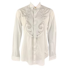 VERSACE Size L White Baroque Cutout Bib Textured Cotton Dress Shirt
