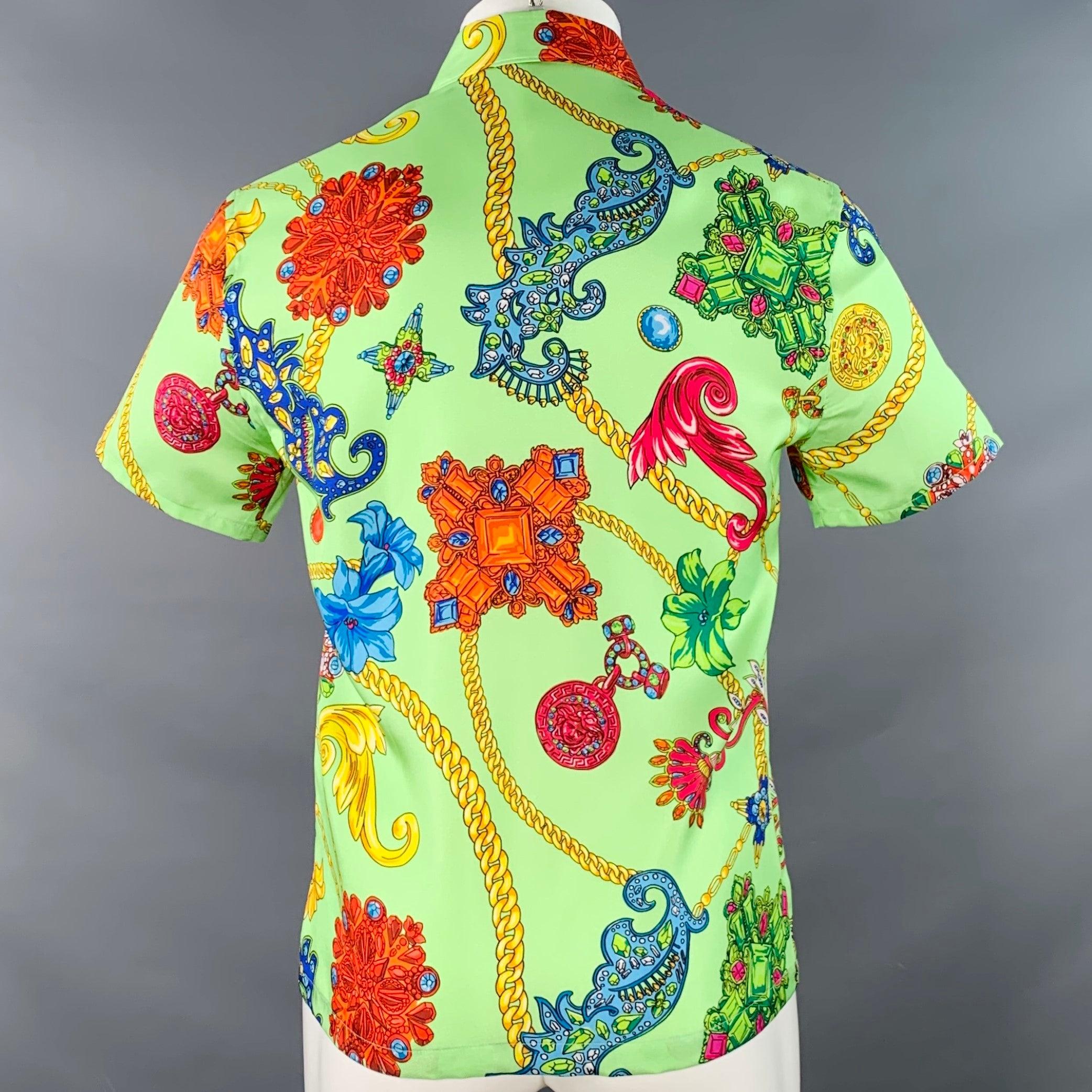 Men's VERSACE Size M Green Multi Color Baroque Twill Short Sleeve Shirt For Sale