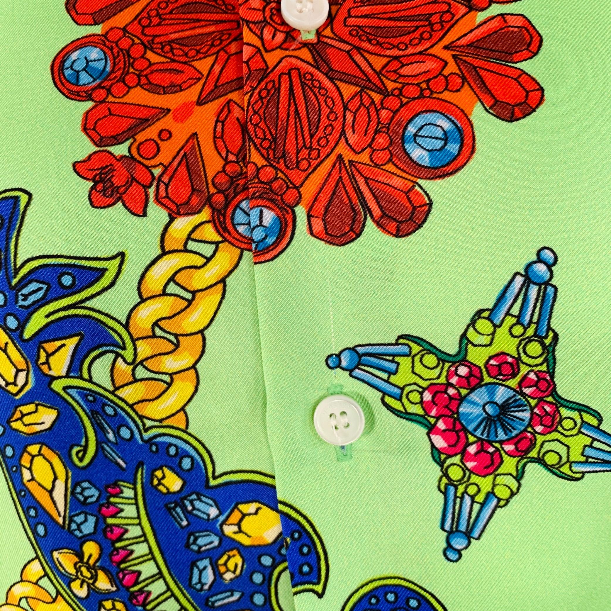 VERSACE Size M Green Multi Color Baroque Twill Short Sleeve Shirt For Sale 3
