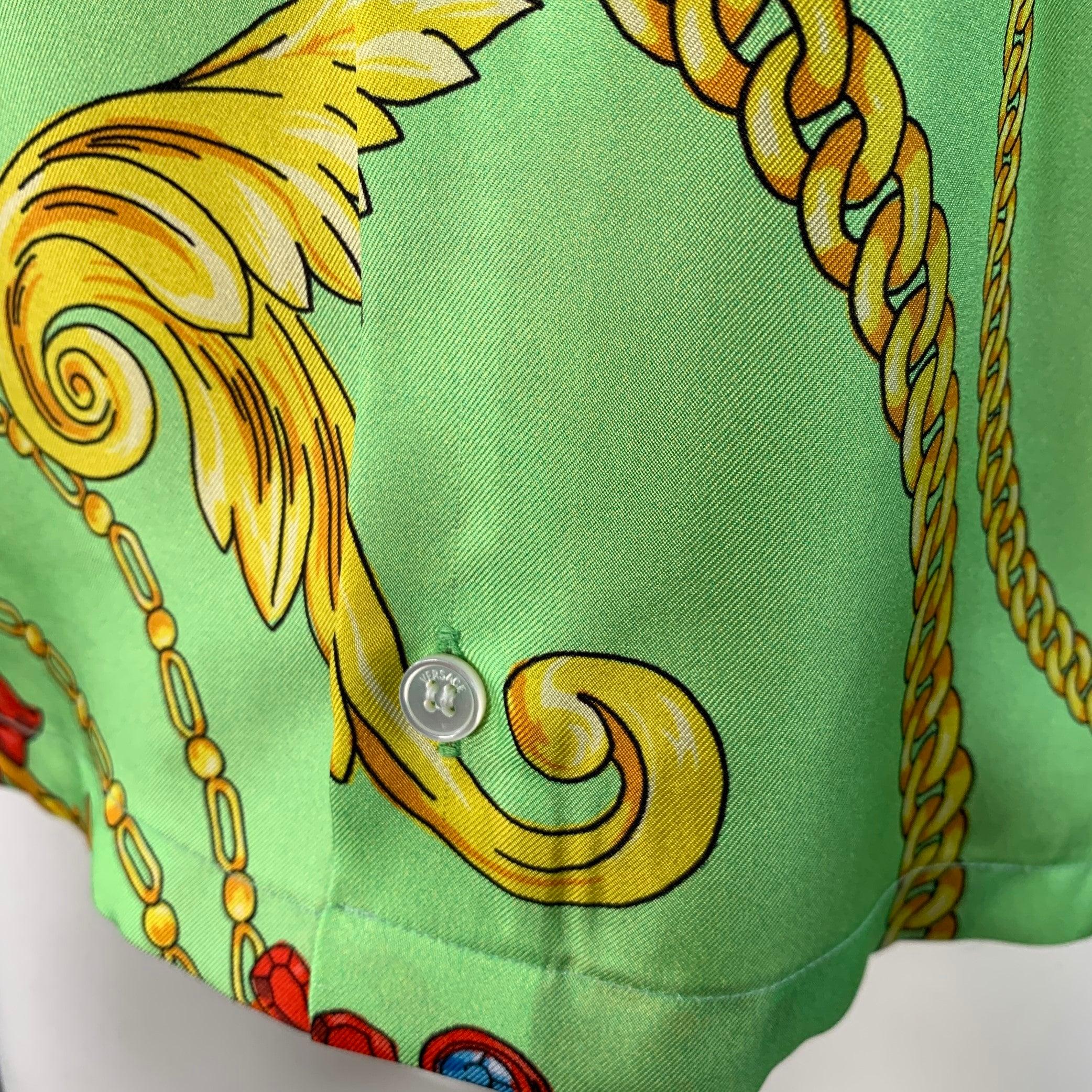 VERSACE Size M Green Multi Color Baroque Twill Short Sleeve Shirt For Sale 5