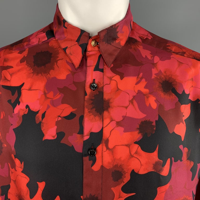 VERSACE Size M Red Pink and Black Floral Print Silk Long Sleeve Shirt ...