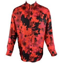 VERSACE Size M Red Pink & Black Floral Print Silk Long Sleeve Shirt