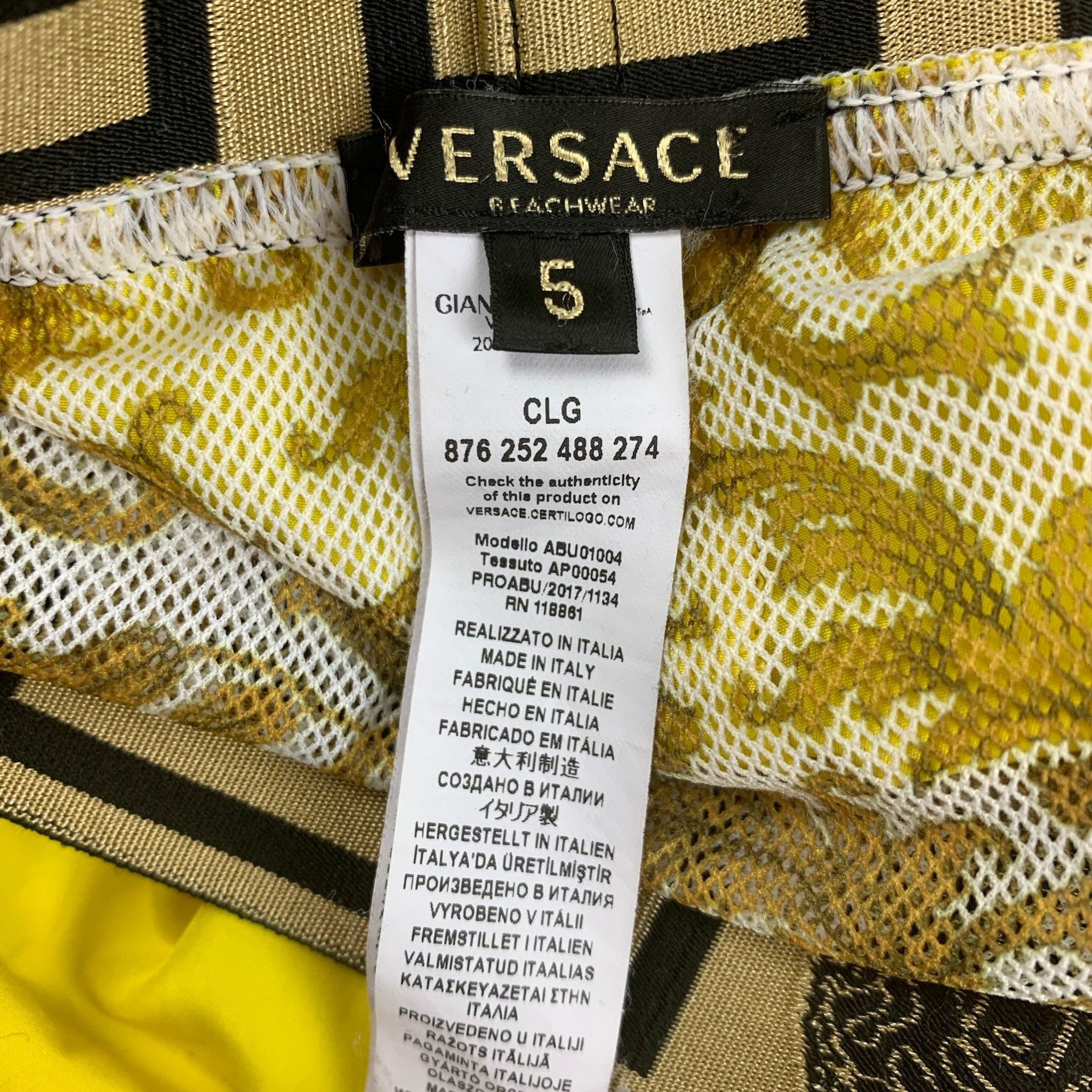 VERSACE Size M Yellow Black Gold Nylon Drawstring Swim Trunks For Sale 1