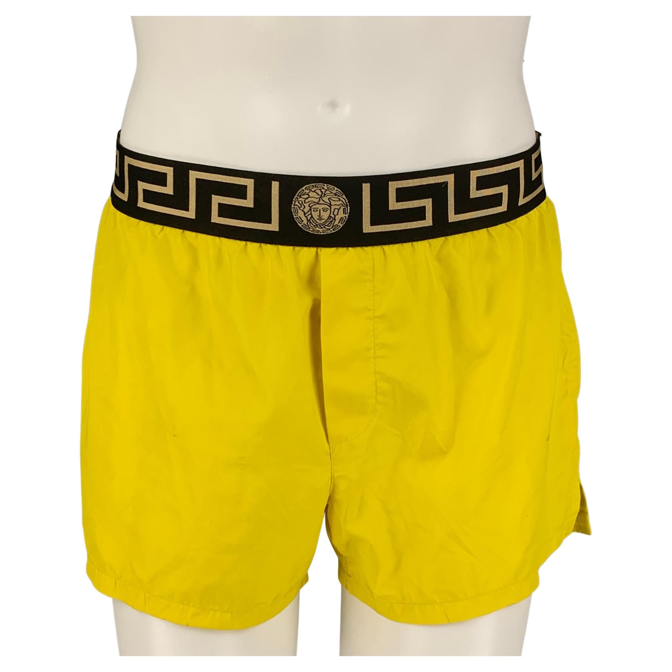 VERSACE Size M Yellow Black Gold Nylon Drawstring Swim Trunks