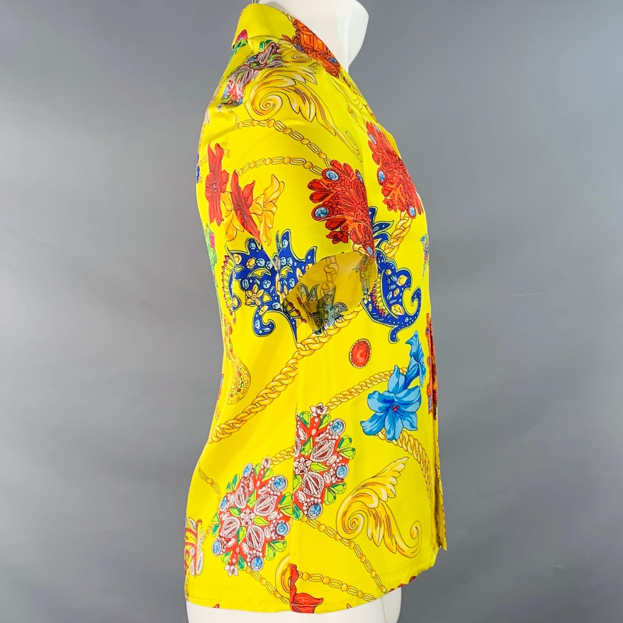 Jaune VERSACE Taille M Chemise à manches courtes en sergé baroque multicolore jaune en vente