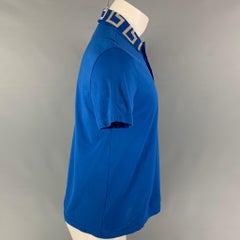VERSACE Size S Blue Gold Embroidery Polyester Viscose Greca Short Sleeve Polo