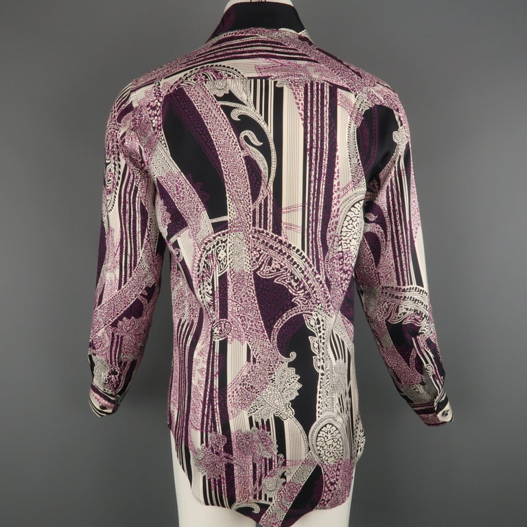 VERSACE Size S Cream and Black Striped Purple Floral Silk Long Sleeve ...